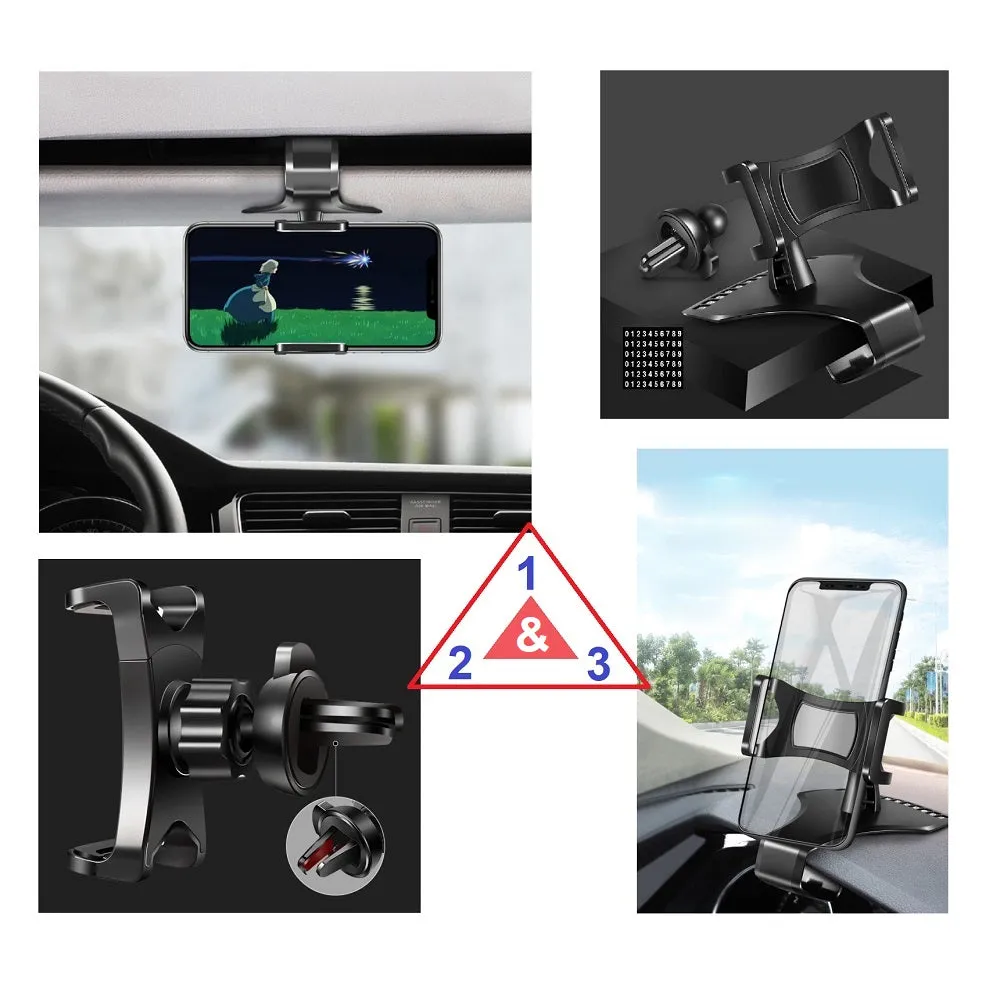 3 in 1 Car GPS Smartphone Holder: Dashboard / Visor Clamp   AC Grid Clip for Caterpillar CAT S52 rugged (2020) - Black