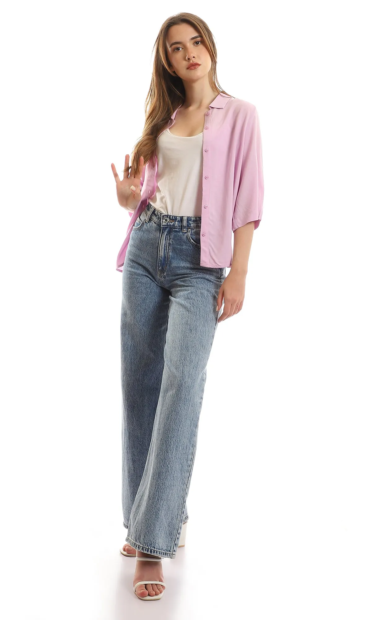 96779 3/4 Sleeves Classic Collar Lilac Cropped Shirt