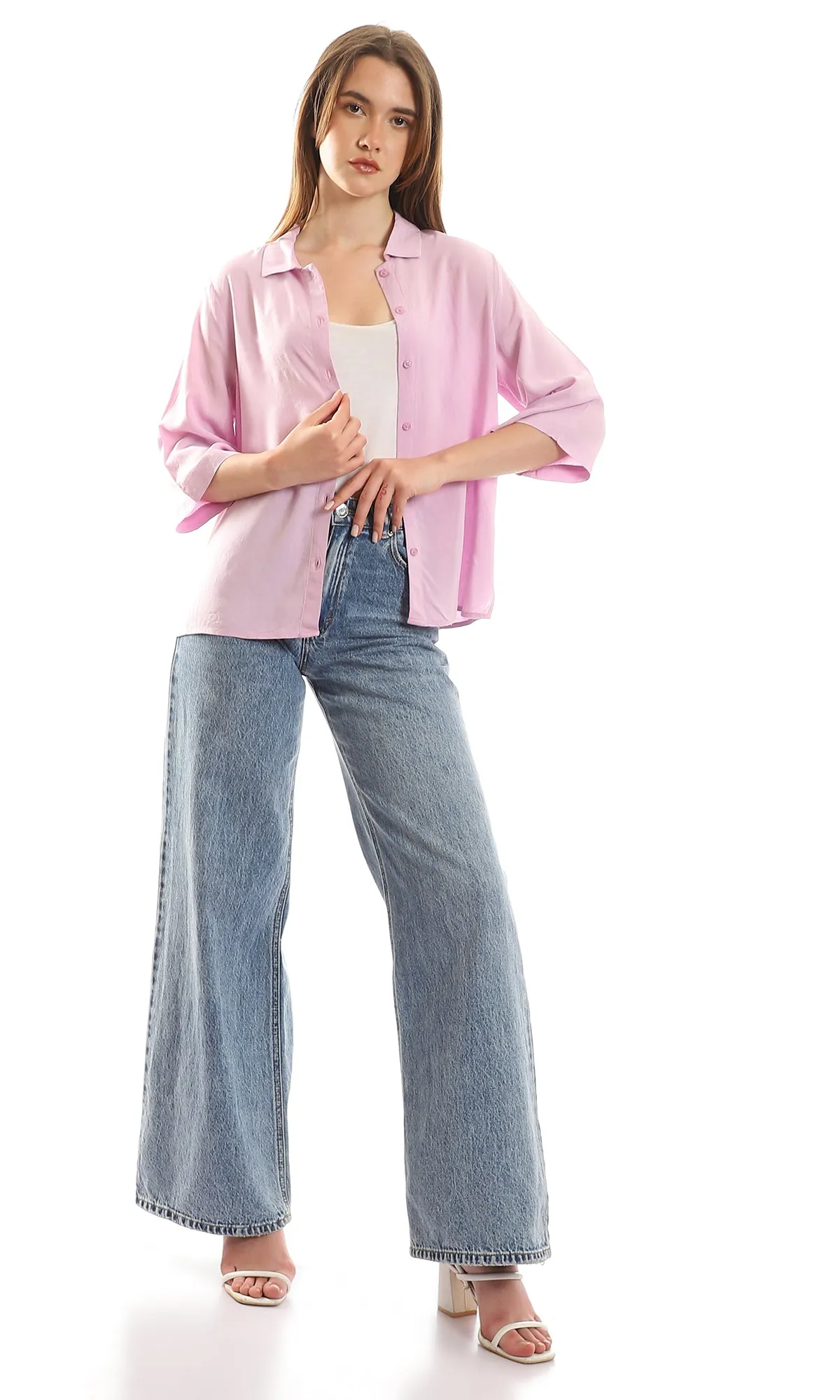 96779 3/4 Sleeves Classic Collar Lilac Cropped Shirt
