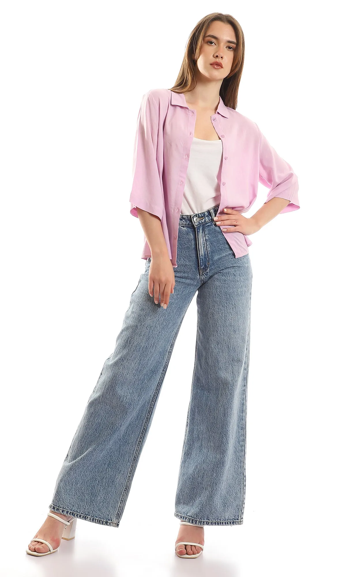 96779 3/4 Sleeves Classic Collar Lilac Cropped Shirt