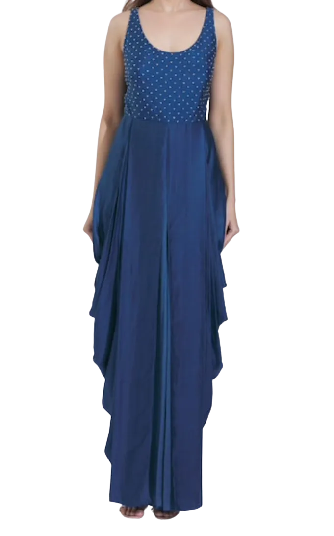 Blue Draped Jumpsuit with Lace Cape: Sample Sale