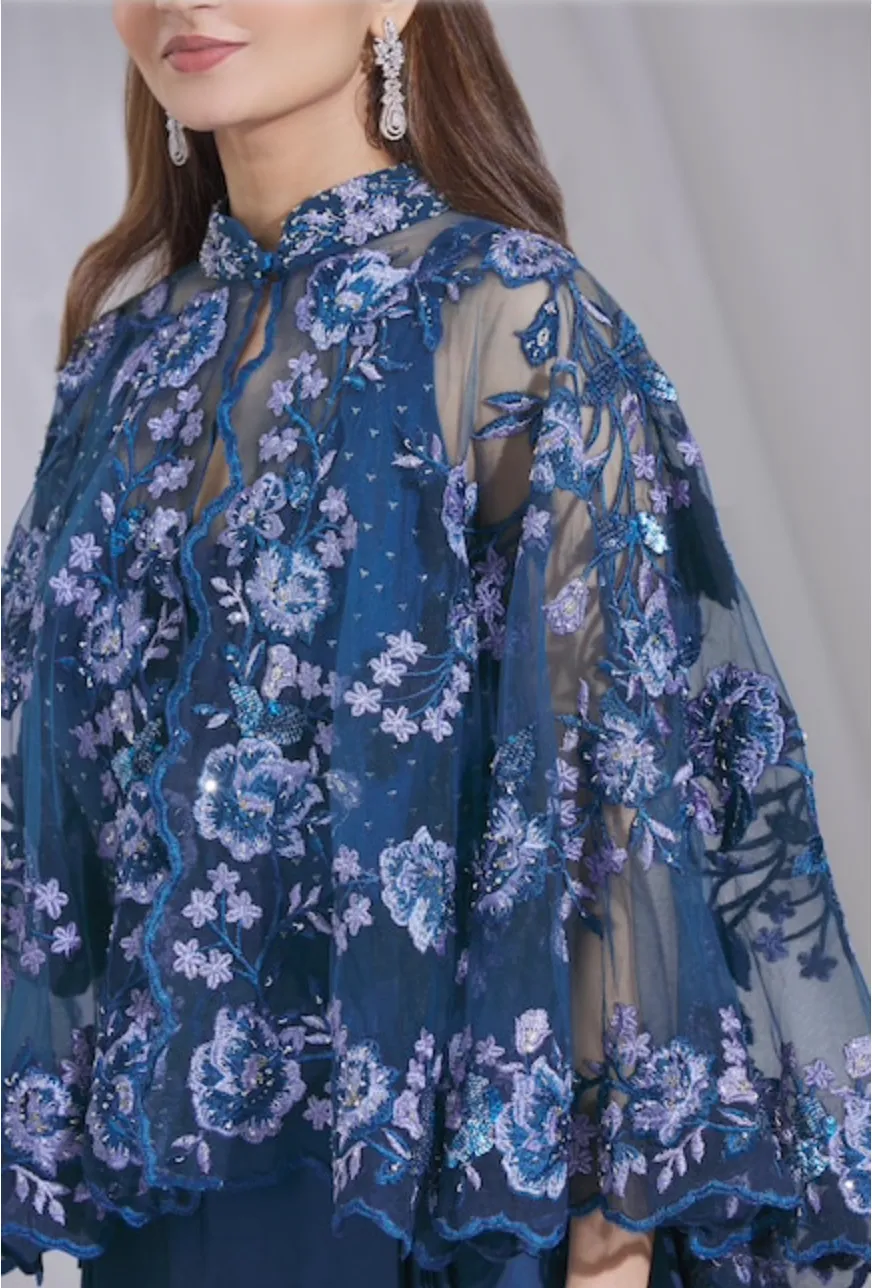 Blue Draped Jumpsuit with Lace Cape: Sample Sale