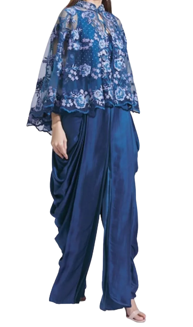 Blue Draped Jumpsuit with Lace Cape: Sample Sale