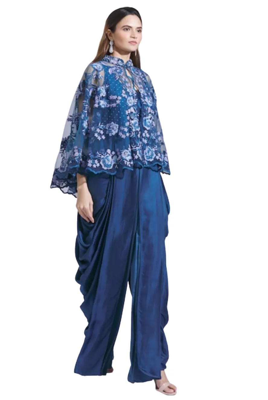 Blue Draped Jumpsuit with Lace Cape: Sample Sale