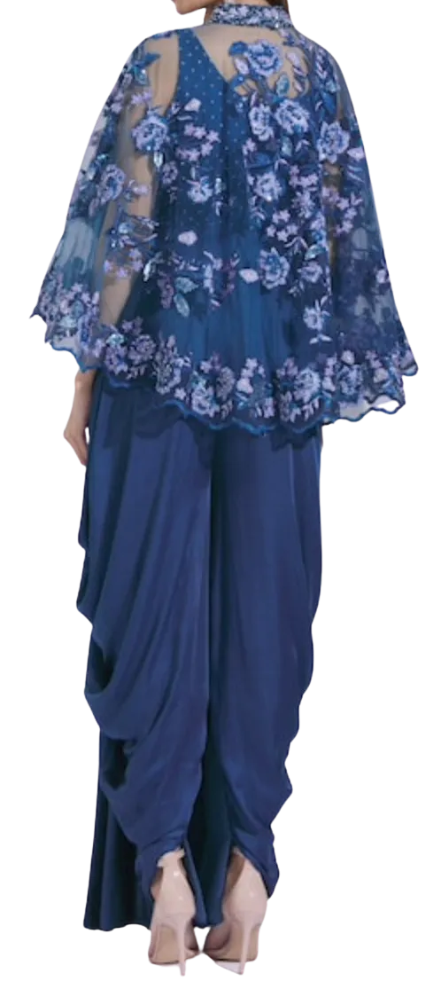 Blue Draped Jumpsuit with Lace Cape: Sample Sale