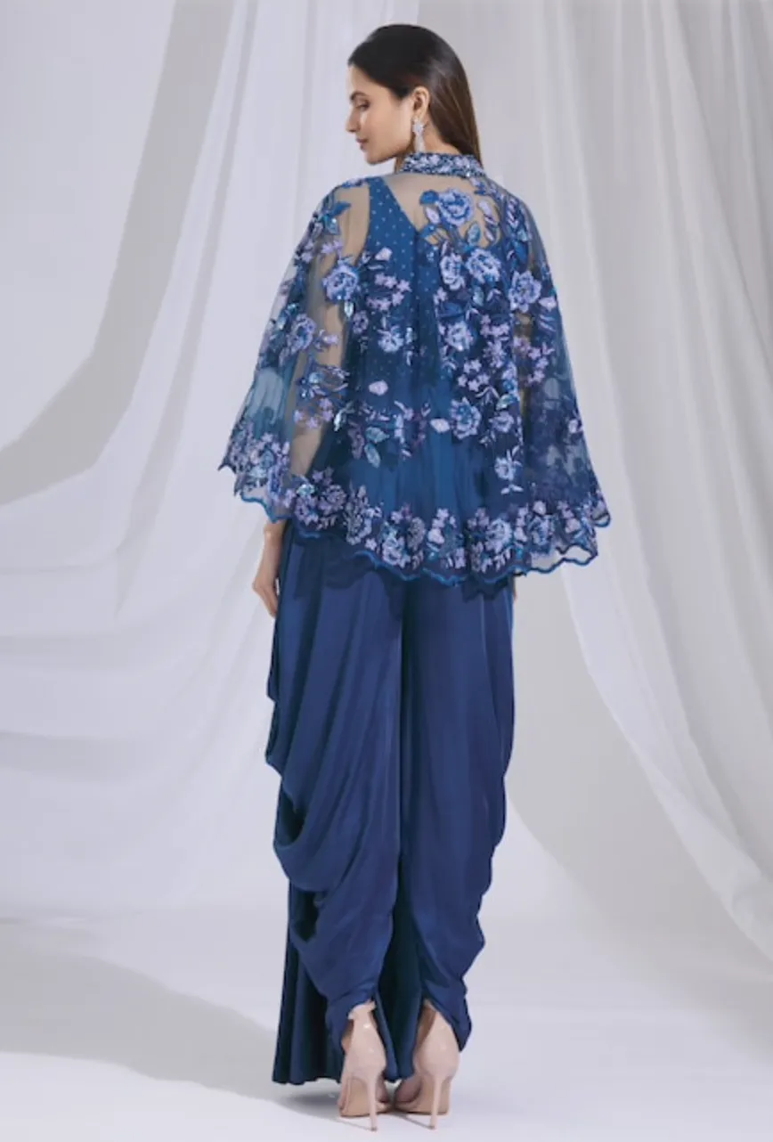 Blue Draped Jumpsuit with Lace Cape: Sample Sale