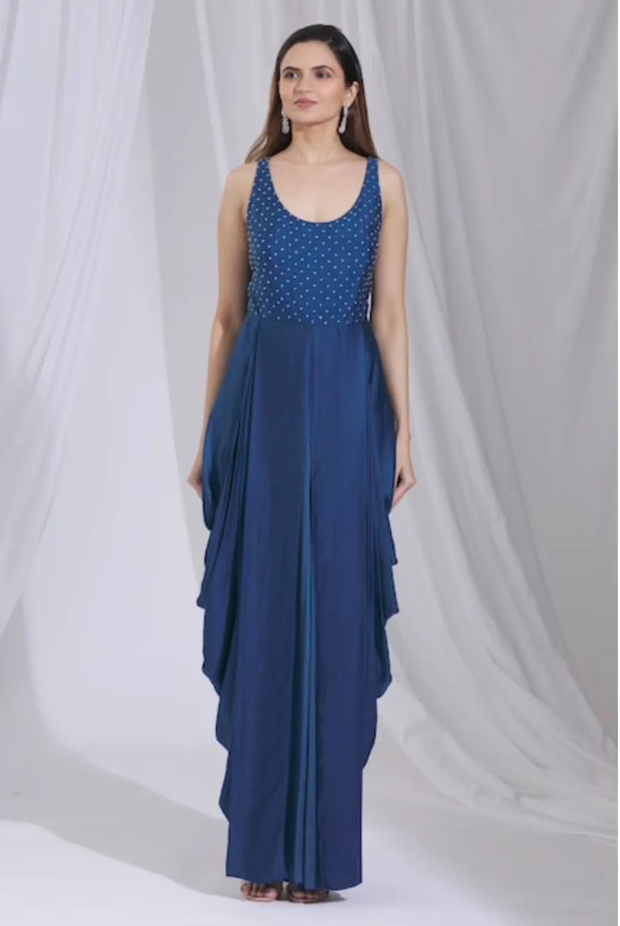 Blue Draped Jumpsuit with Lace Cape: Sample Sale