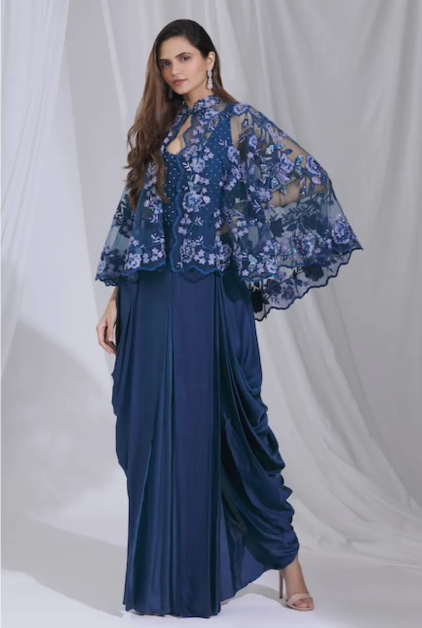 Blue Draped Jumpsuit with Lace Cape: Sample Sale