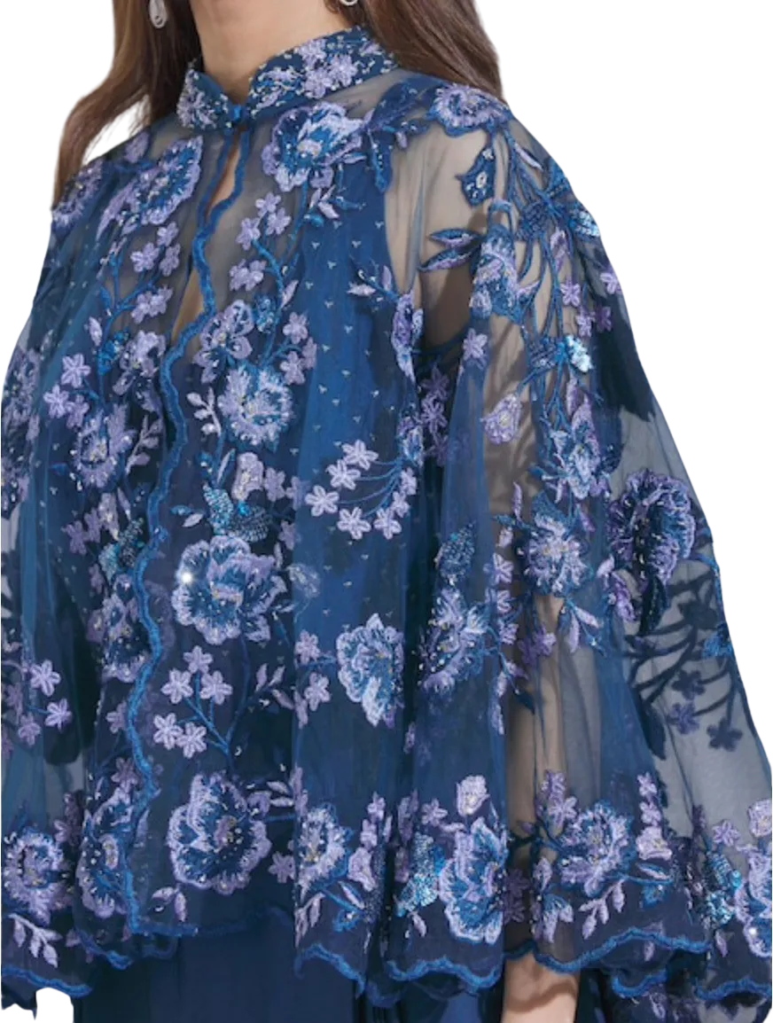 Blue Draped Jumpsuit with Lace Cape: Sample Sale