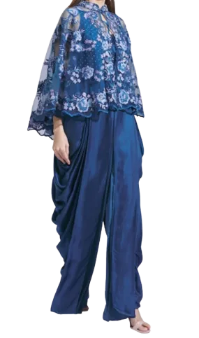 Blue Draped Jumpsuit with Lace Cape: Sample Sale