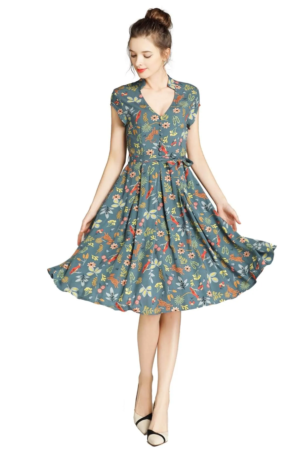 Green Standing Collar V Neck with Fun Forest Leopard and Pink Parrot Pleated Dress with Pockets