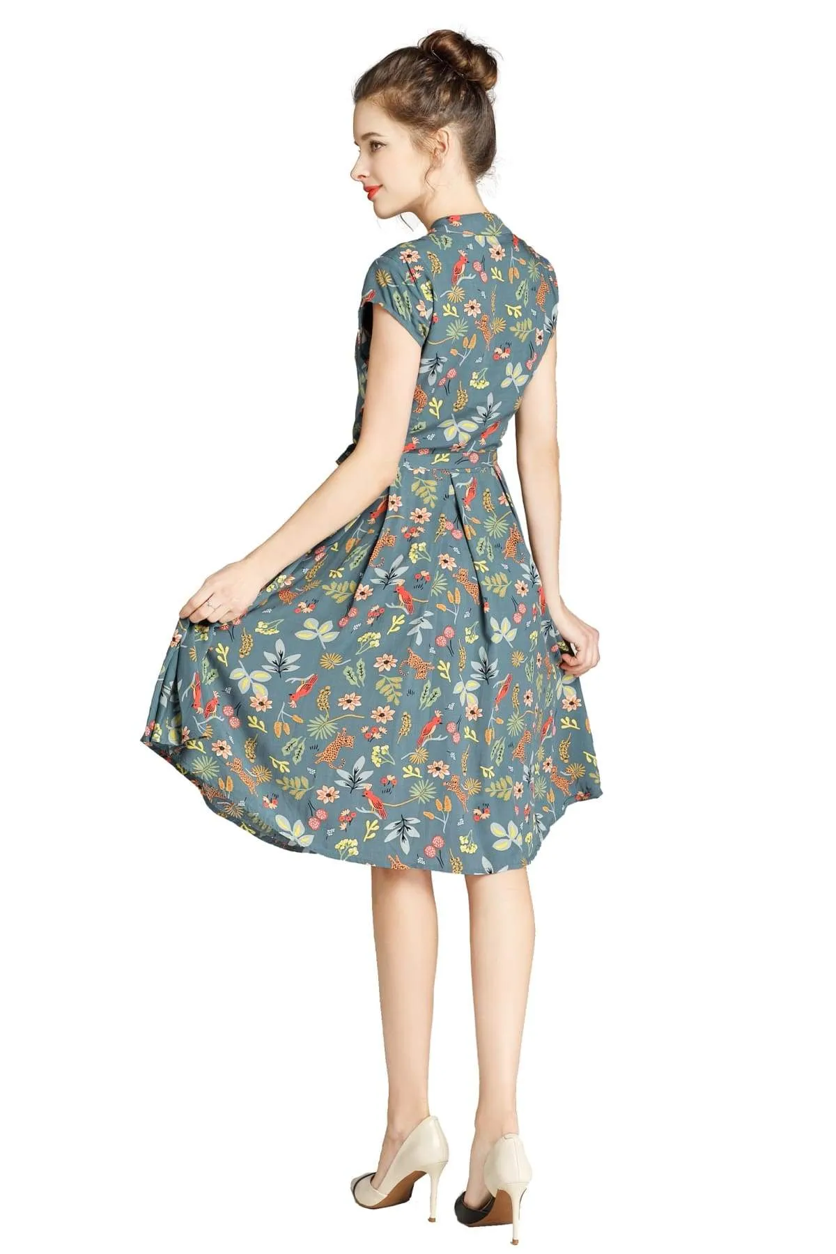 Green Standing Collar V Neck with Fun Forest Leopard and Pink Parrot Pleated Dress with Pockets