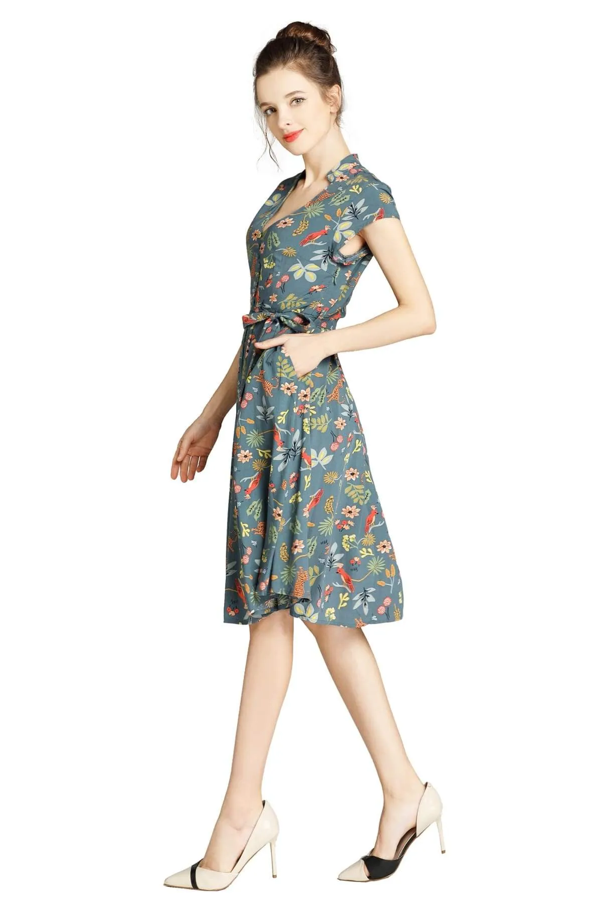 Green Standing Collar V Neck with Fun Forest Leopard and Pink Parrot Pleated Dress with Pockets