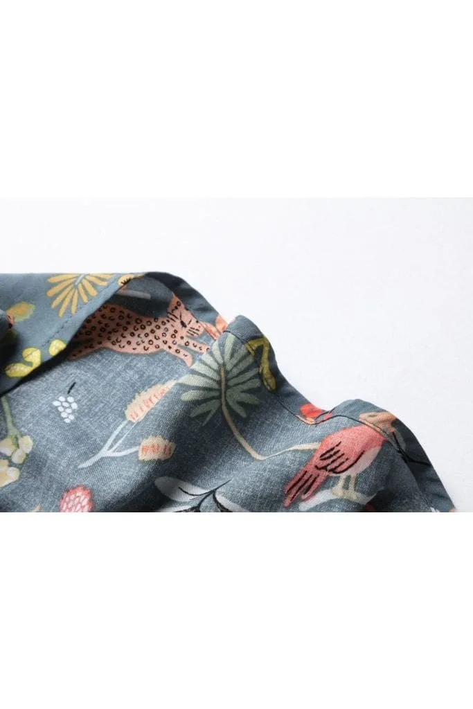 Green Standing Collar V Neck with Fun Forest Leopard and Pink Parrot Pleated Dress with Pockets