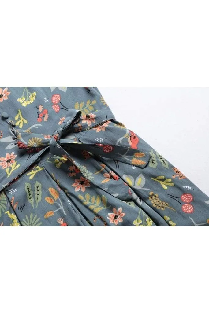 Green Standing Collar V Neck with Fun Forest Leopard and Pink Parrot Pleated Dress with Pockets
