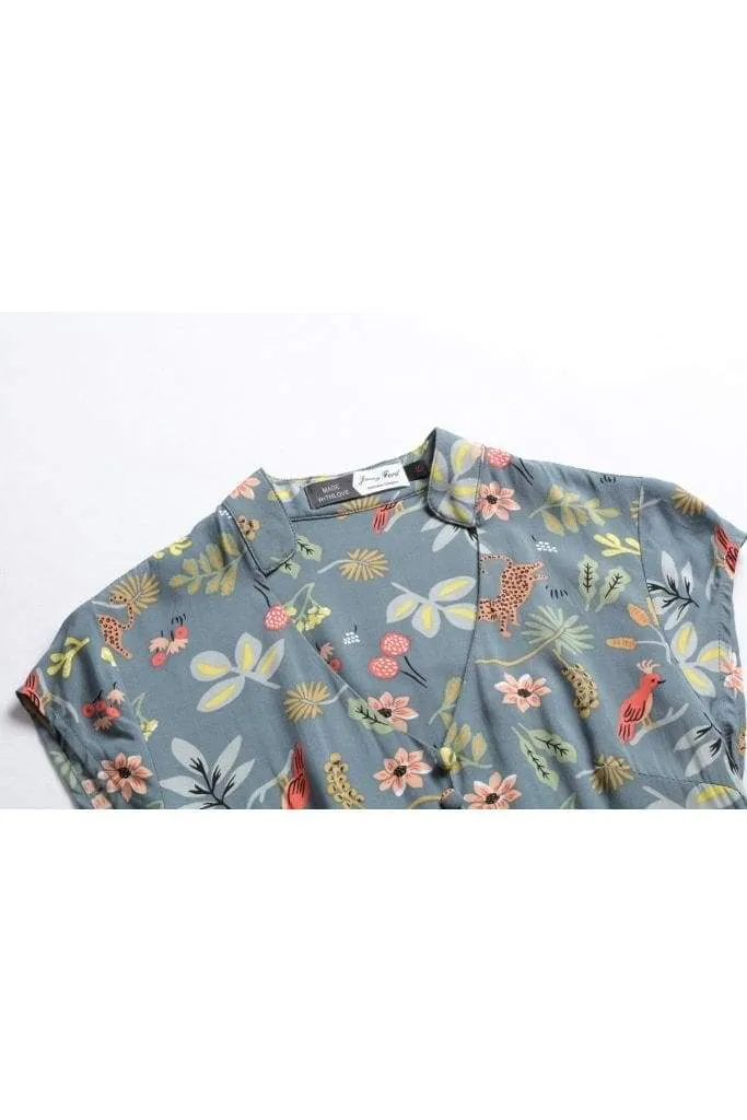 Green Standing Collar V Neck with Fun Forest Leopard and Pink Parrot Pleated Dress with Pockets