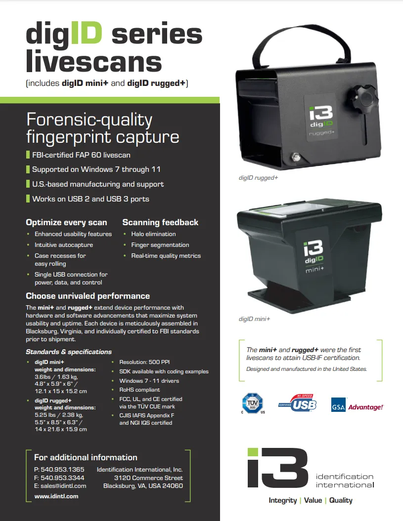 I3 DigID Rugged Plus Fingerprint Scanner Capture Reader ID System Portable Unit - New/Open Box