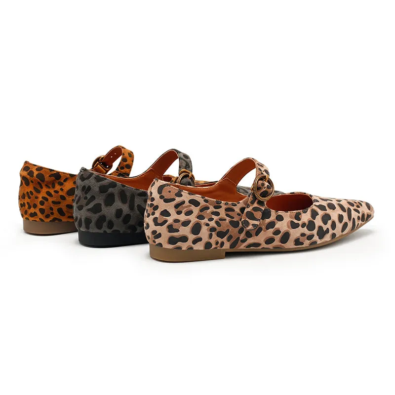 Leopard Print Suede Pointed-Toe Mary Jane Flats | Dwarves Studio in Brown/Grey/Apricot