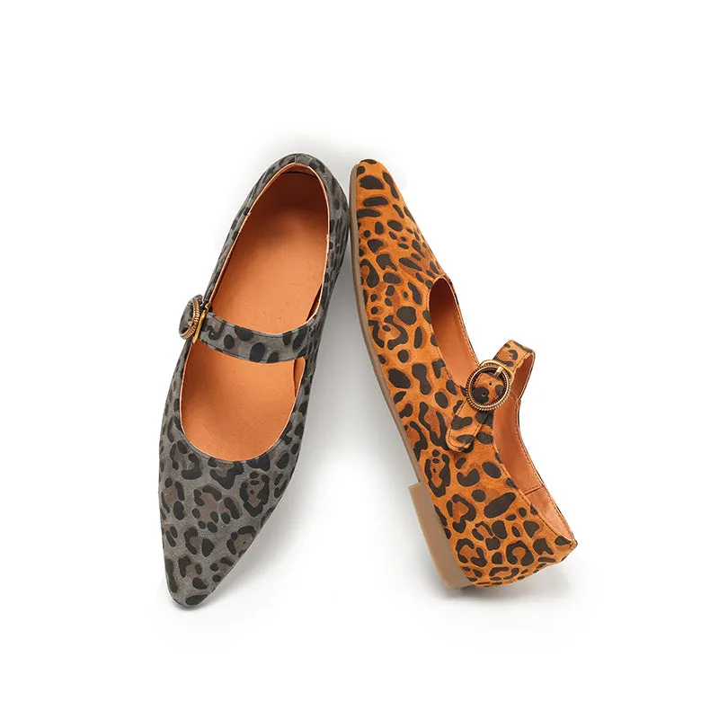 Leopard Print Suede Pointed-Toe Mary Jane Flats | Dwarves Studio in Brown/Grey/Apricot