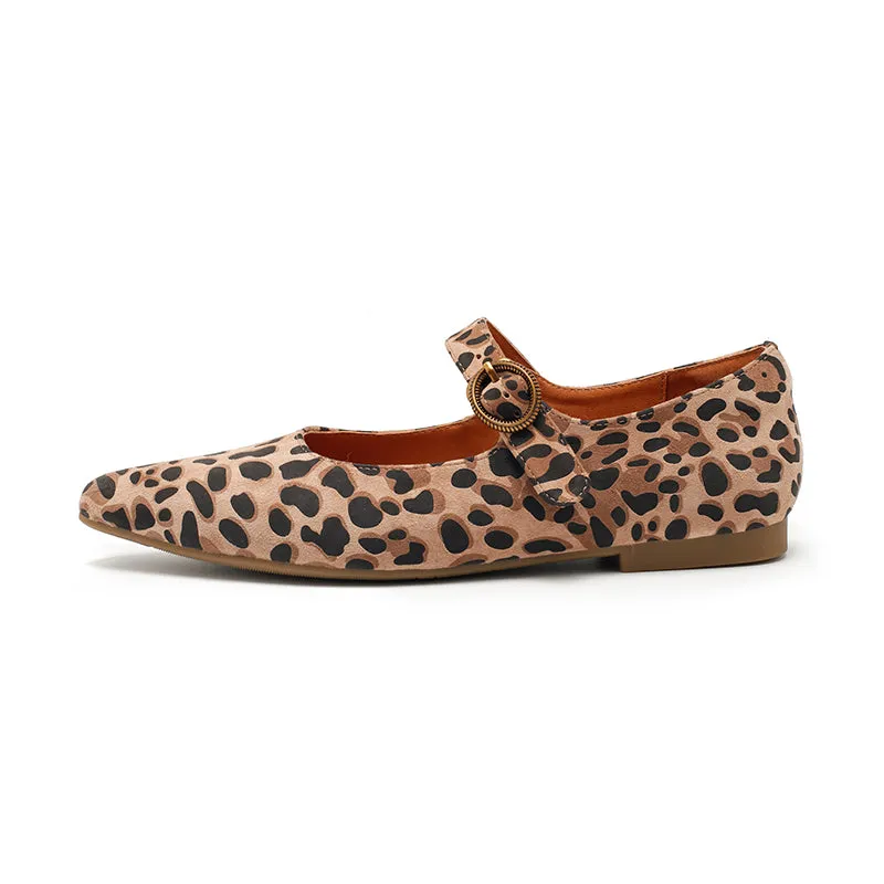 Leopard Print Suede Pointed-Toe Mary Jane Flats | Dwarves Studio in Brown/Grey/Apricot