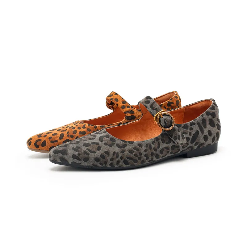 Leopard Print Suede Pointed-Toe Mary Jane Flats | Dwarves Studio in Brown/Grey/Apricot