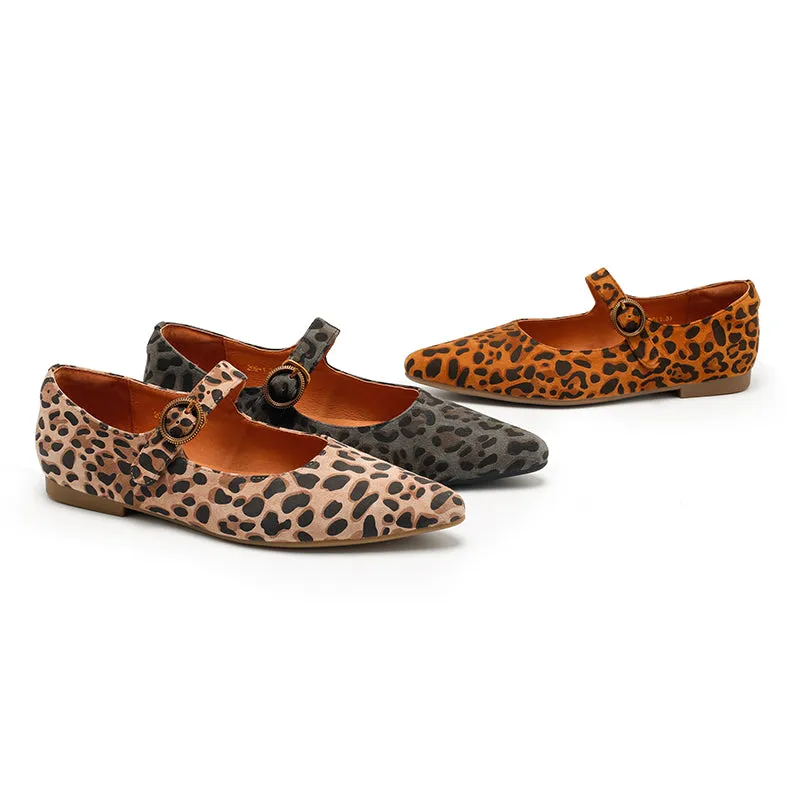 Leopard Print Suede Pointed-Toe Mary Jane Flats | Dwarves Studio in Brown/Grey/Apricot