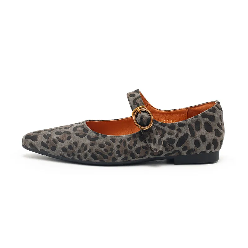 Leopard Print Suede Pointed-Toe Mary Jane Flats | Dwarves Studio in Brown/Grey/Apricot