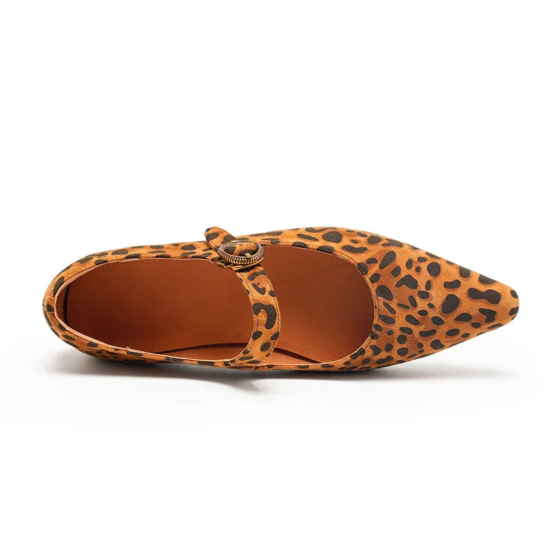 Leopard Print Suede Pointed-Toe Mary Jane Flats | Dwarves Studio in Brown/Grey/Apricot