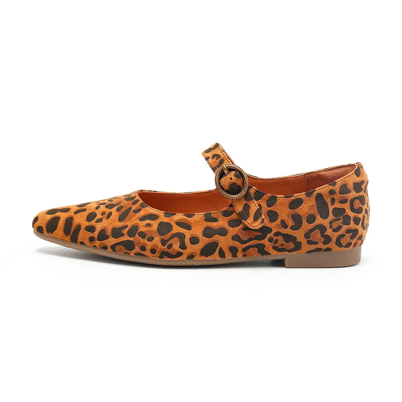 Leopard Print Suede Pointed-Toe Mary Jane Flats | Dwarves Studio in Brown/Grey/Apricot