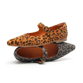 Leopard Print Suede Pointed-Toe Mary Jane Flats | Dwarves Studio in Brown/Grey/Apricot