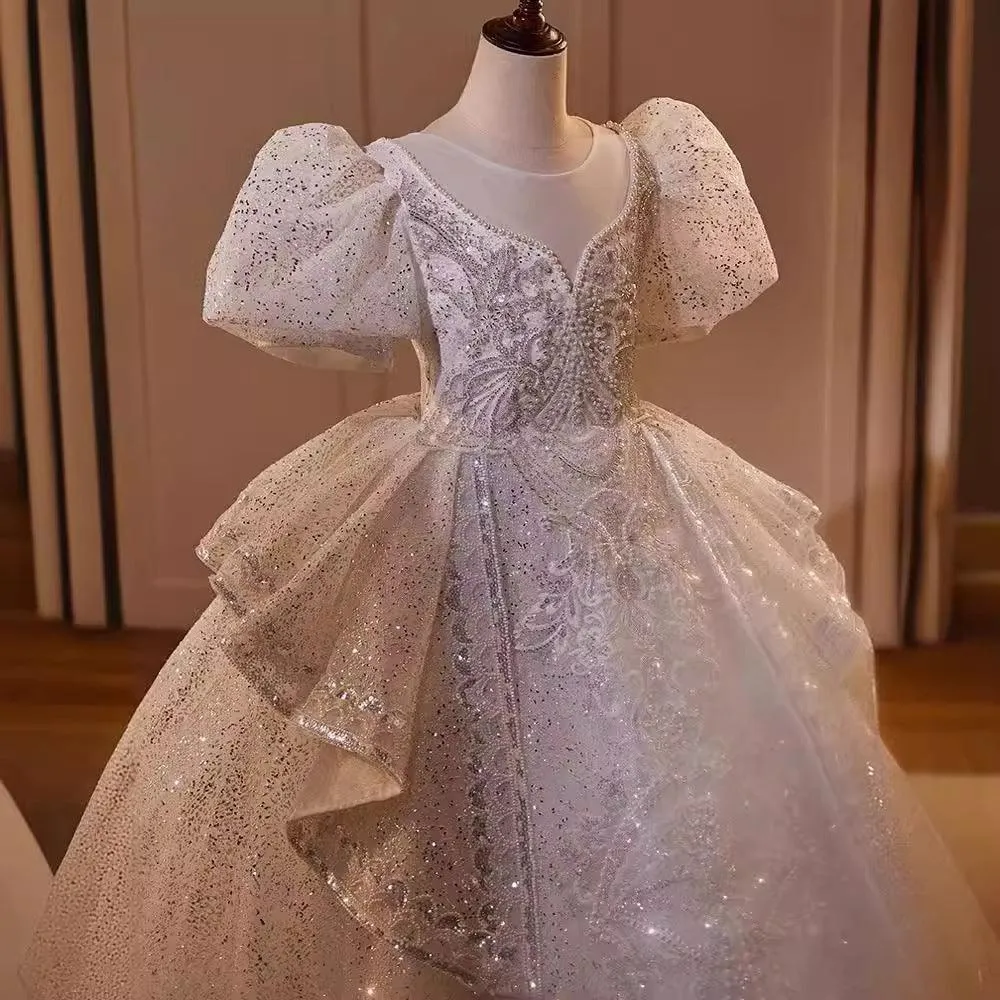 New Fashion Children's Wedding Dress Puff Sleeve Sequined Fluffy Girl Princess Dress