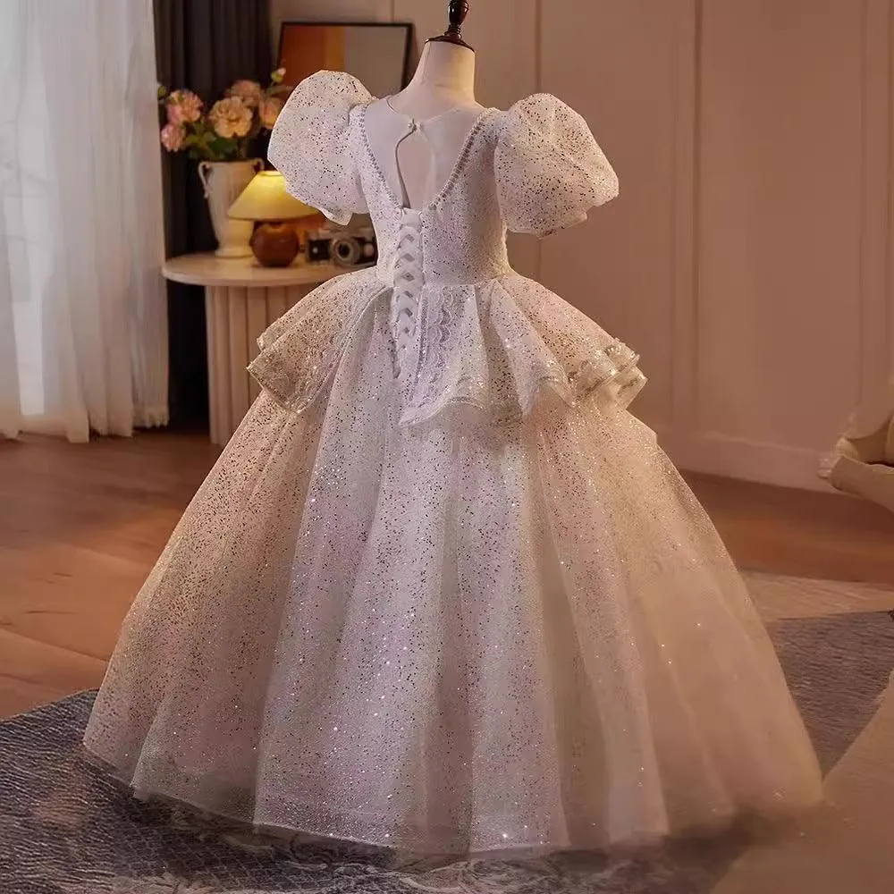 New Fashion Children's Wedding Dress Puff Sleeve Sequined Fluffy Girl Princess Dress