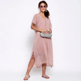 Pink Lurex Kaftan With Sequins Embroidery At Neck