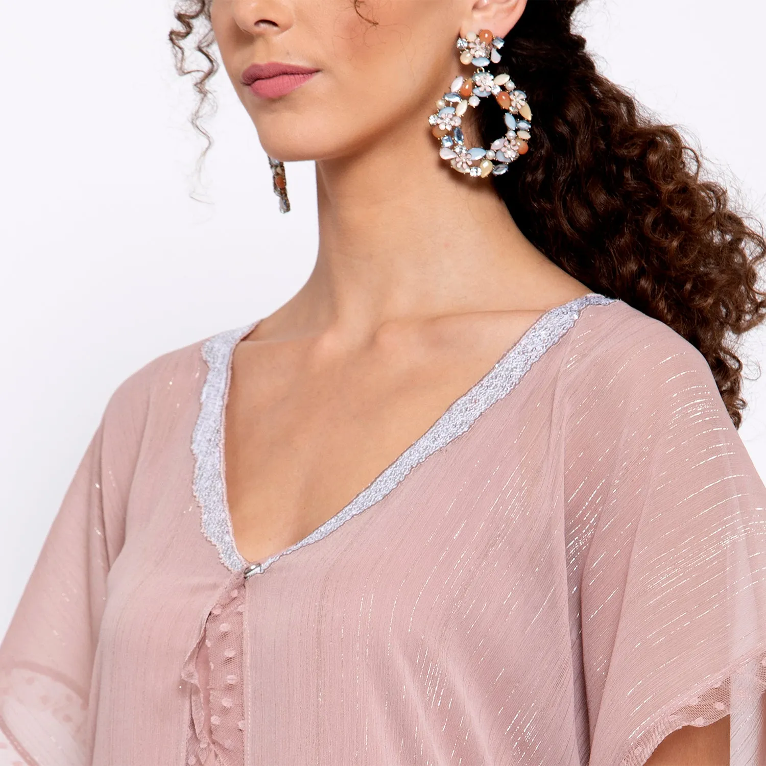 Pink Lurex Kaftan With Sequins Embroidery At Neck