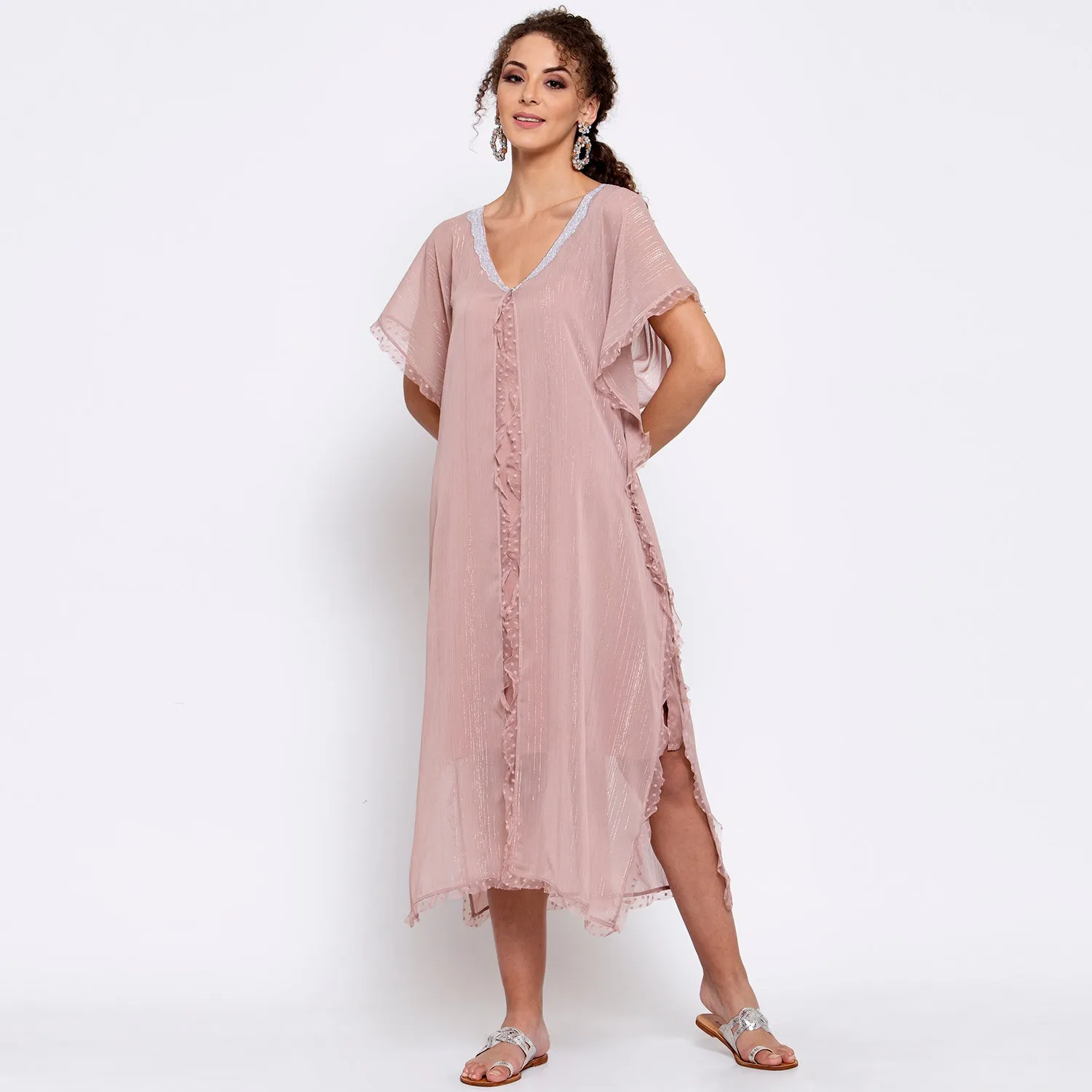 Pink Lurex Kaftan With Sequins Embroidery At Neck
