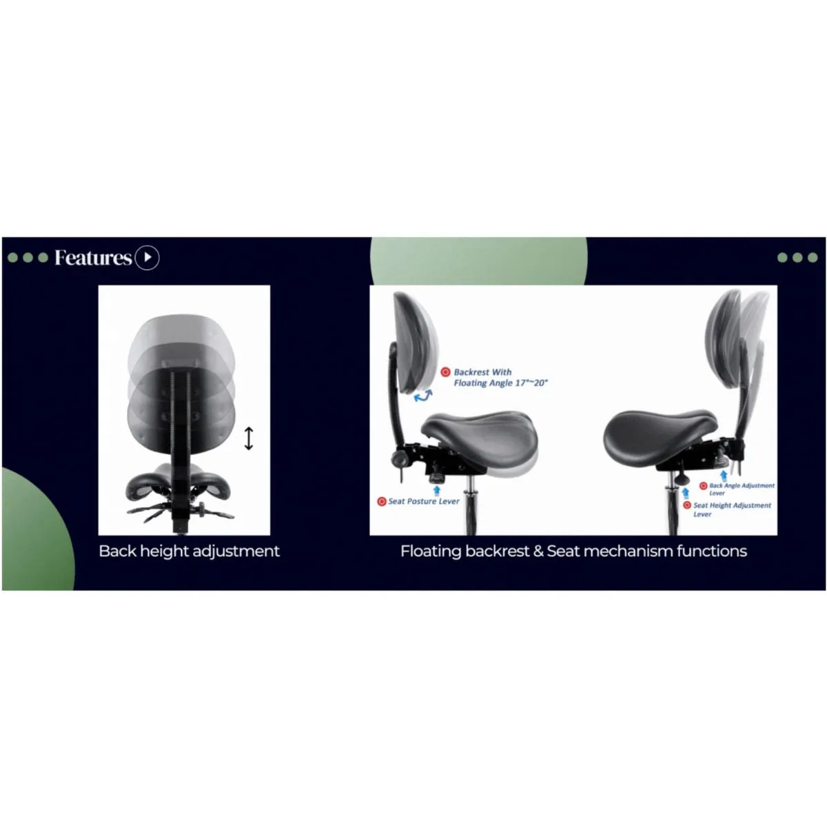Small USA Patented Twin Tiltable Saddle Stool with Adjustable Backrest and Seat Width