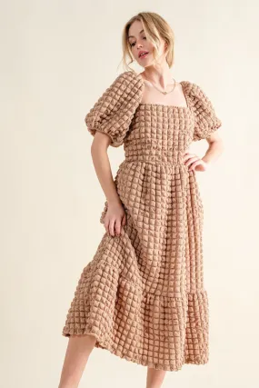 Square Neck Puff Sleeve Textured Dress