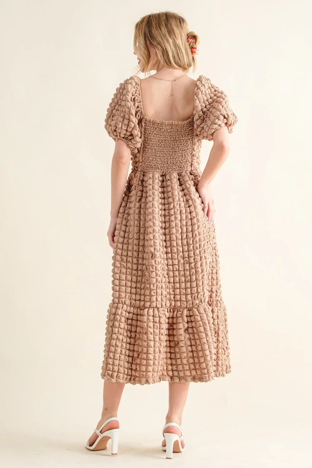 Square Neck Puff Sleeve Textured Dress