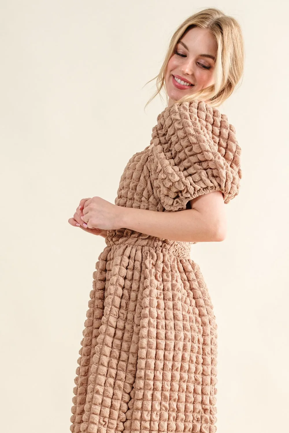 Square Neck Puff Sleeve Textured Dress