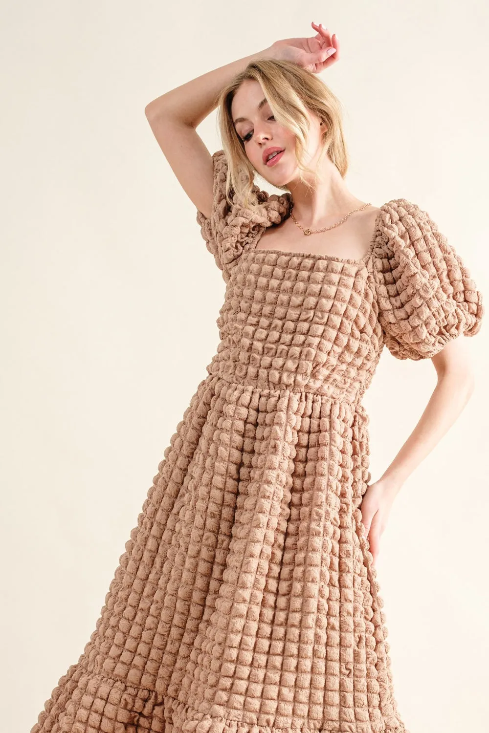 Square Neck Puff Sleeve Textured Dress