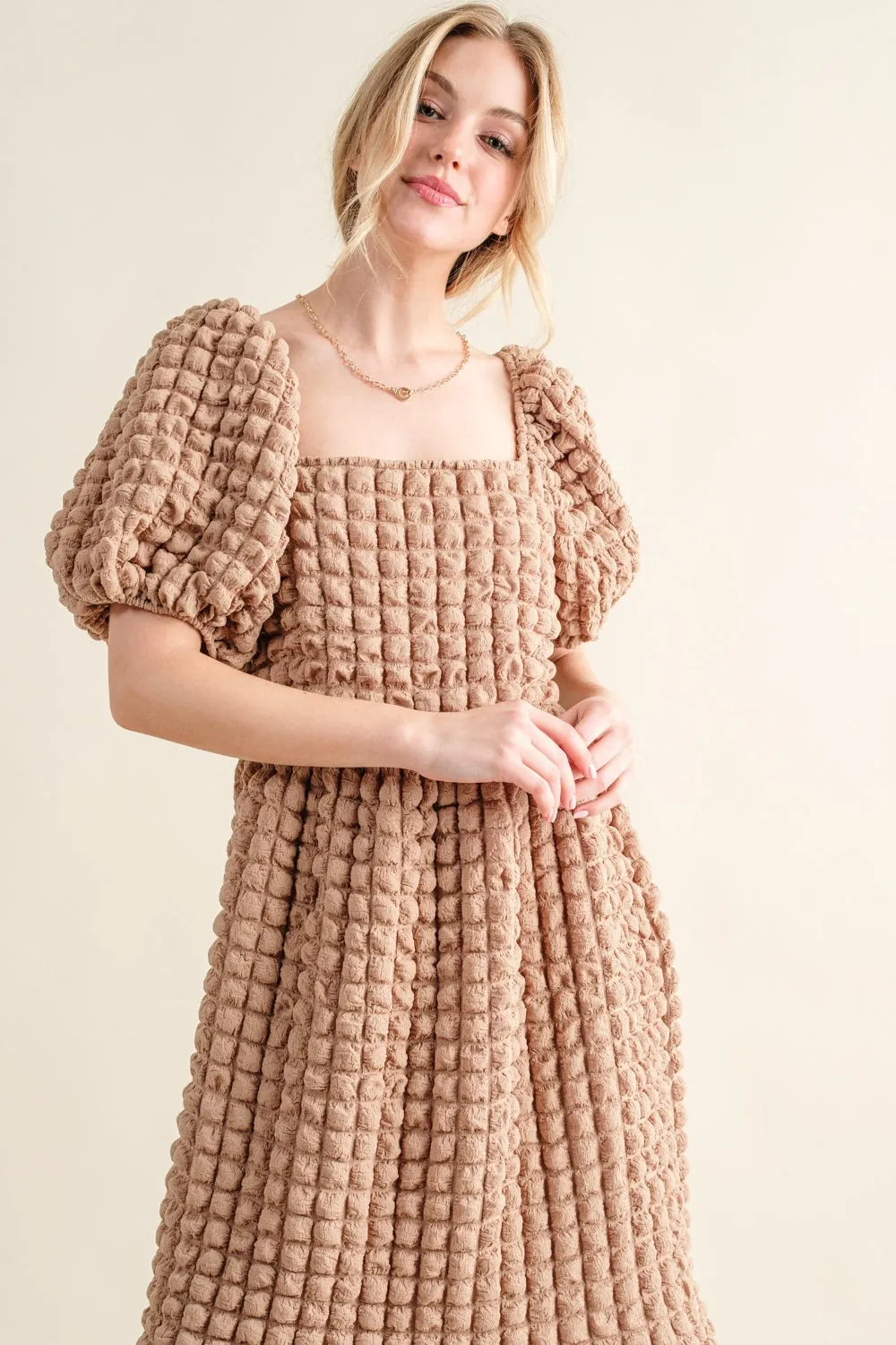 Square Neck Puff Sleeve Textured Dress