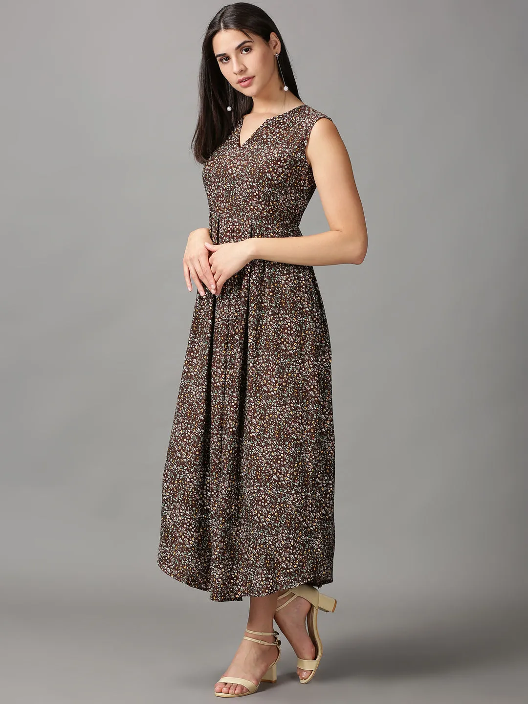 Women's Brown Floral Fit and Flare Dress
