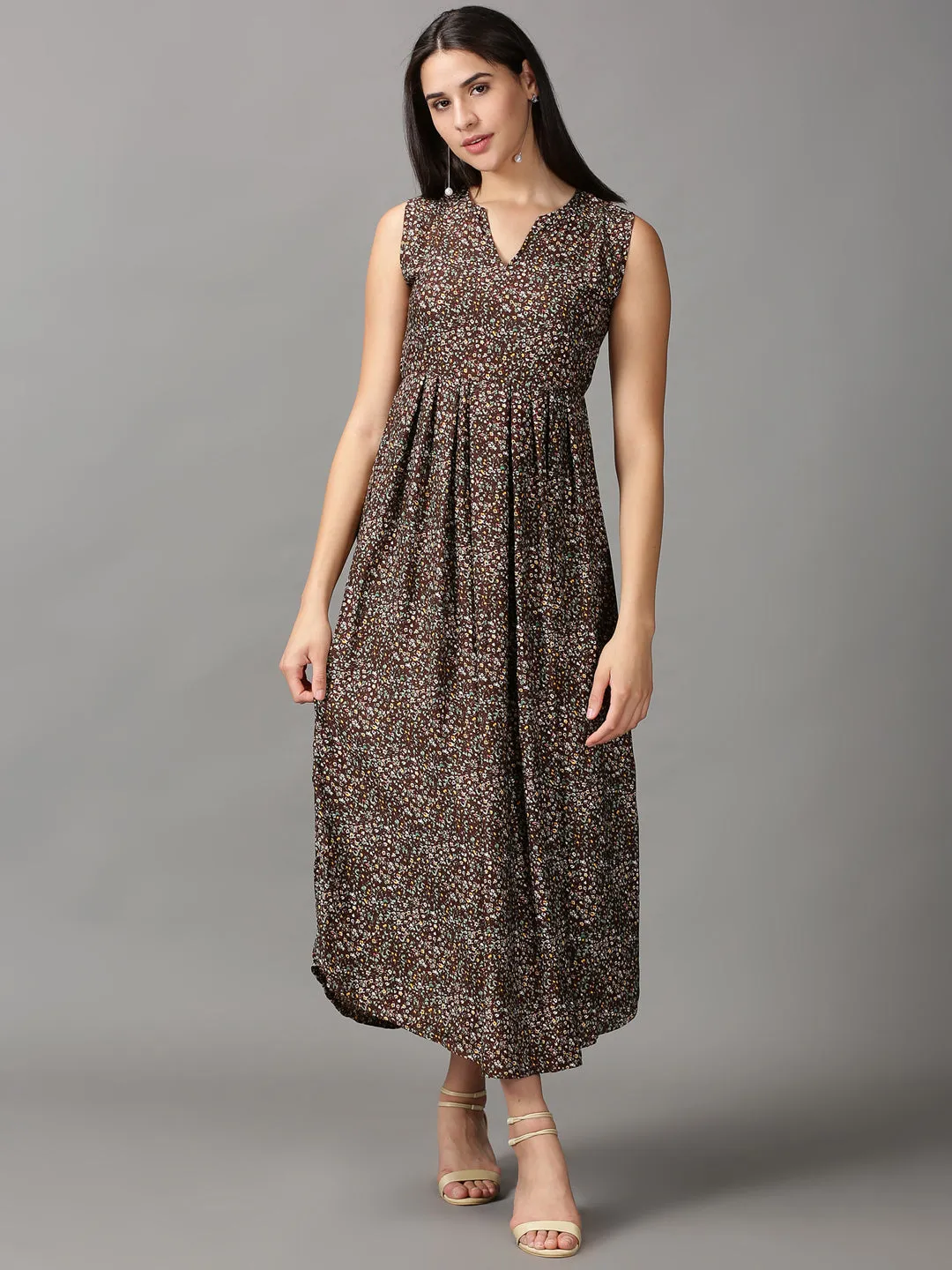 Women's Brown Floral Fit and Flare Dress