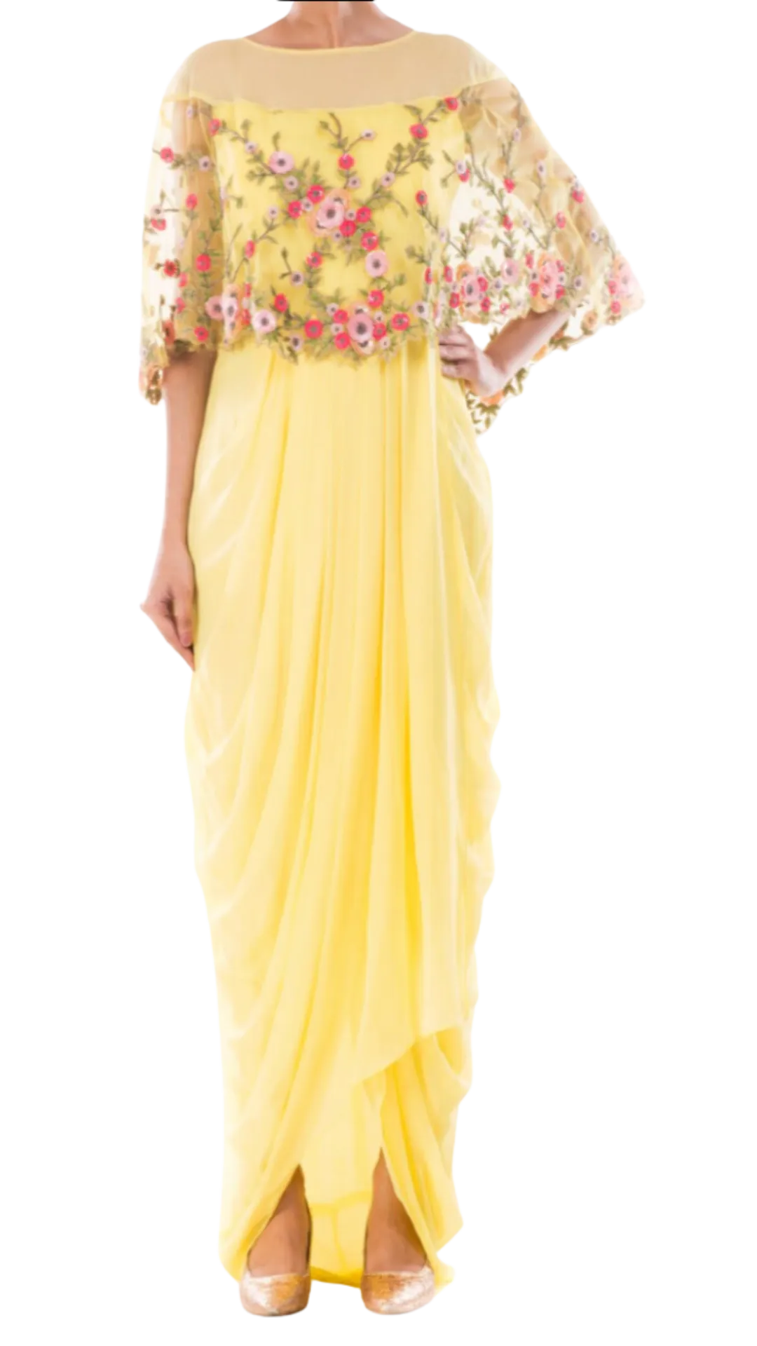 Yellow Georgette Net Gown with Attached Cape