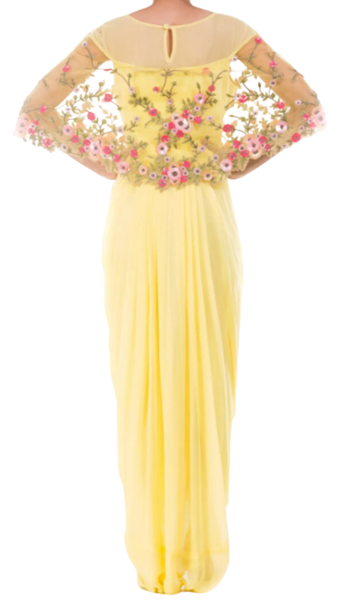 Yellow Georgette Net Gown with Attached Cape