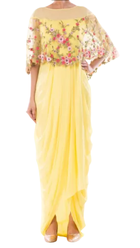 Yellow Georgette Net Gown with Attached Cape